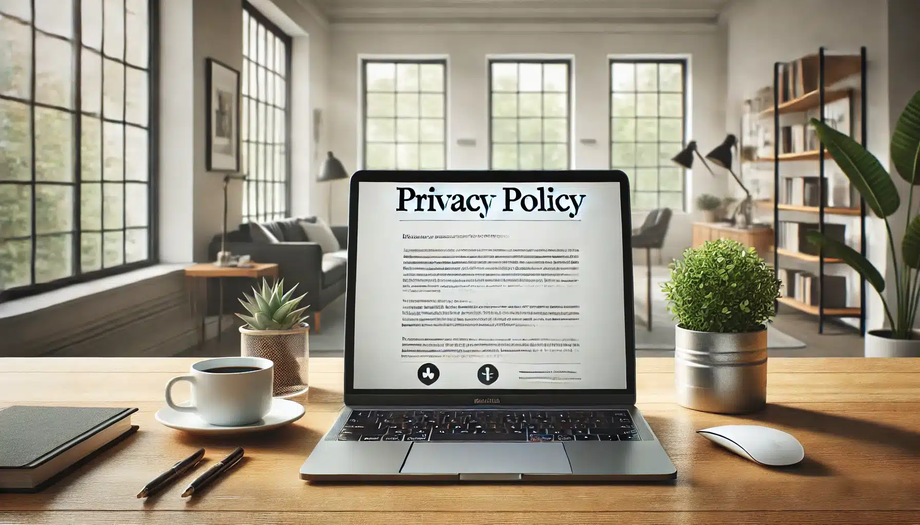 A laptop displaying a privacy policy document on a wooden desk with a cup of coffee, potted plants, and stationery. A modern living room is visible in the background.