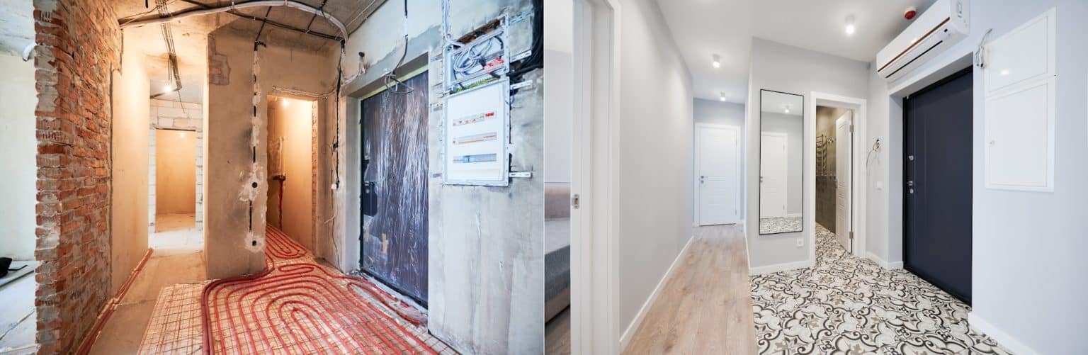 Apartment with doorways before and after renovation.