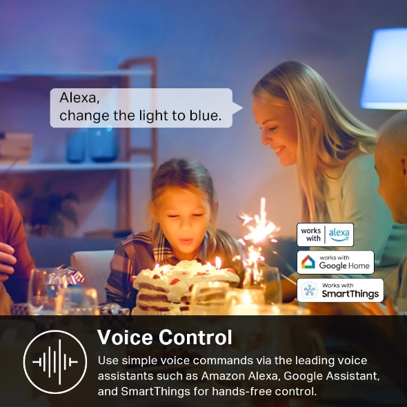 A family gathers around a birthday cake as a young girl blows out candles. A smart home device listens as someone commands, "Alexa, change the light to blue." Logos of smart assistant systems are shown.